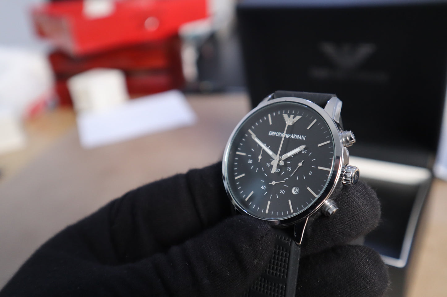 ساعة ارماني كرونو جراف اسود - متوفر قطعتين