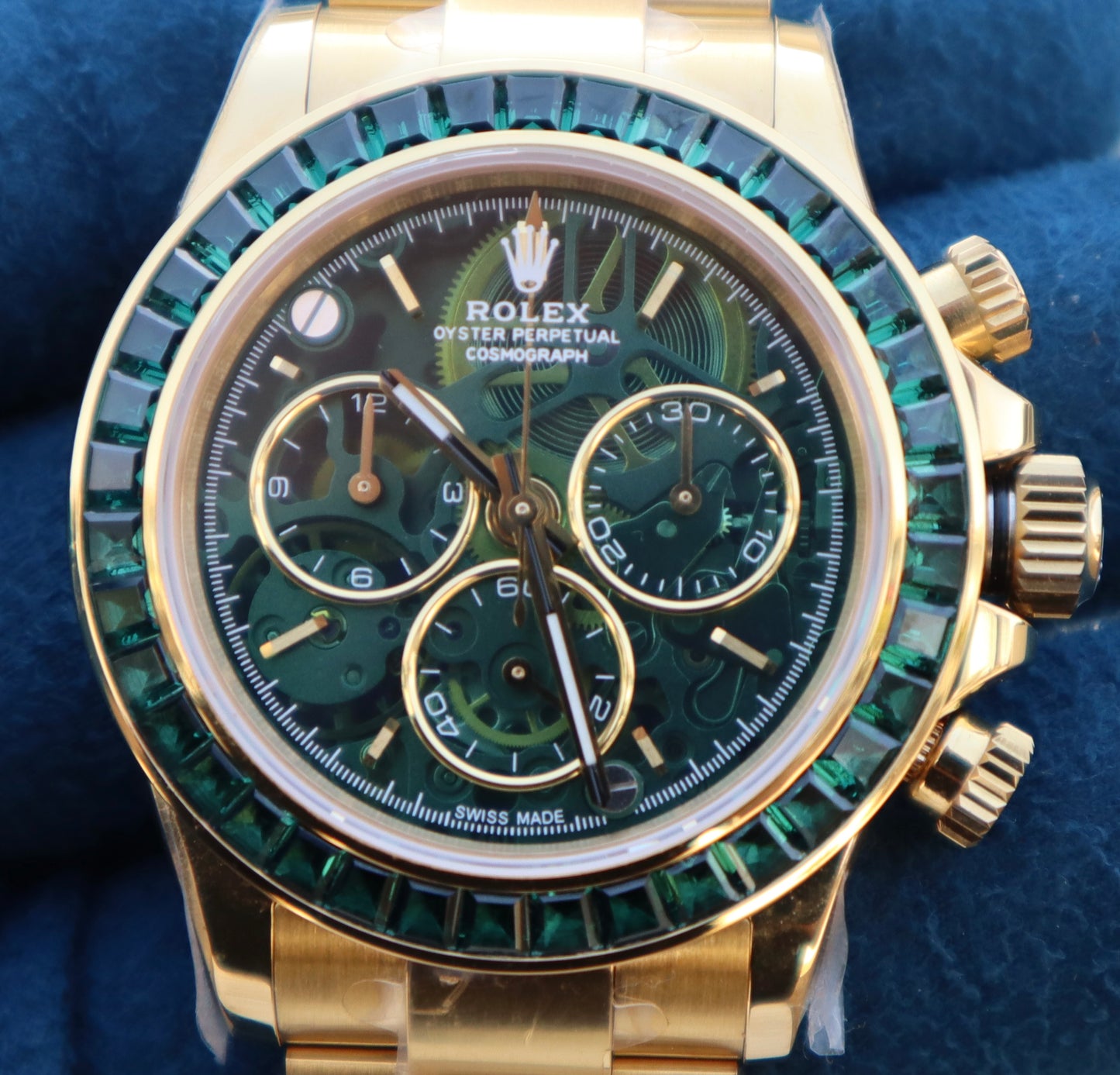 Rolex Daytona Yellow Gold Ruby - رولكس دايتونا ذهب اصفر ياقوت اخضر طبق الأصل ماكينة سويسري نادرة جداً