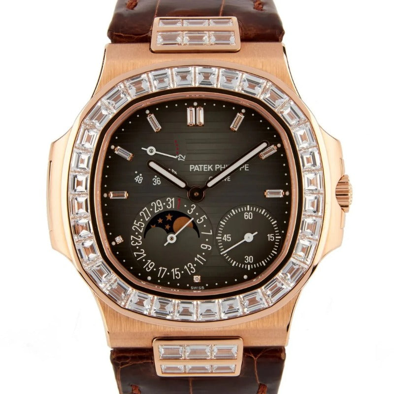 patek philippe 5712 - تطابق ١٠٠٪ ماكينة سويسري ذهب وردي عيار ١٨ طلاء بنفس درجة الباتيك جلد طبيعي  حجر زركيون مطابق للالماس