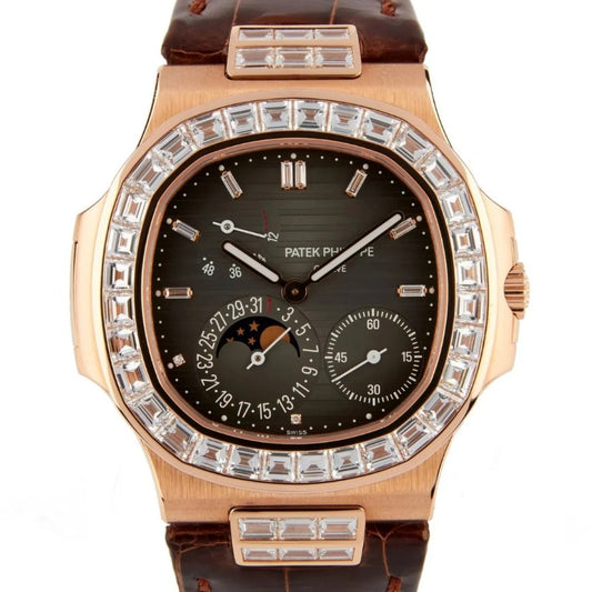 patek philippe 5712 - تطابق ١٠٠٪ ماكينة سويسري ذهب وردي عيار ١٨ طلاء بنفس درجة الباتيك جلد طبيعي  حجر زركيون مطابق للالماس