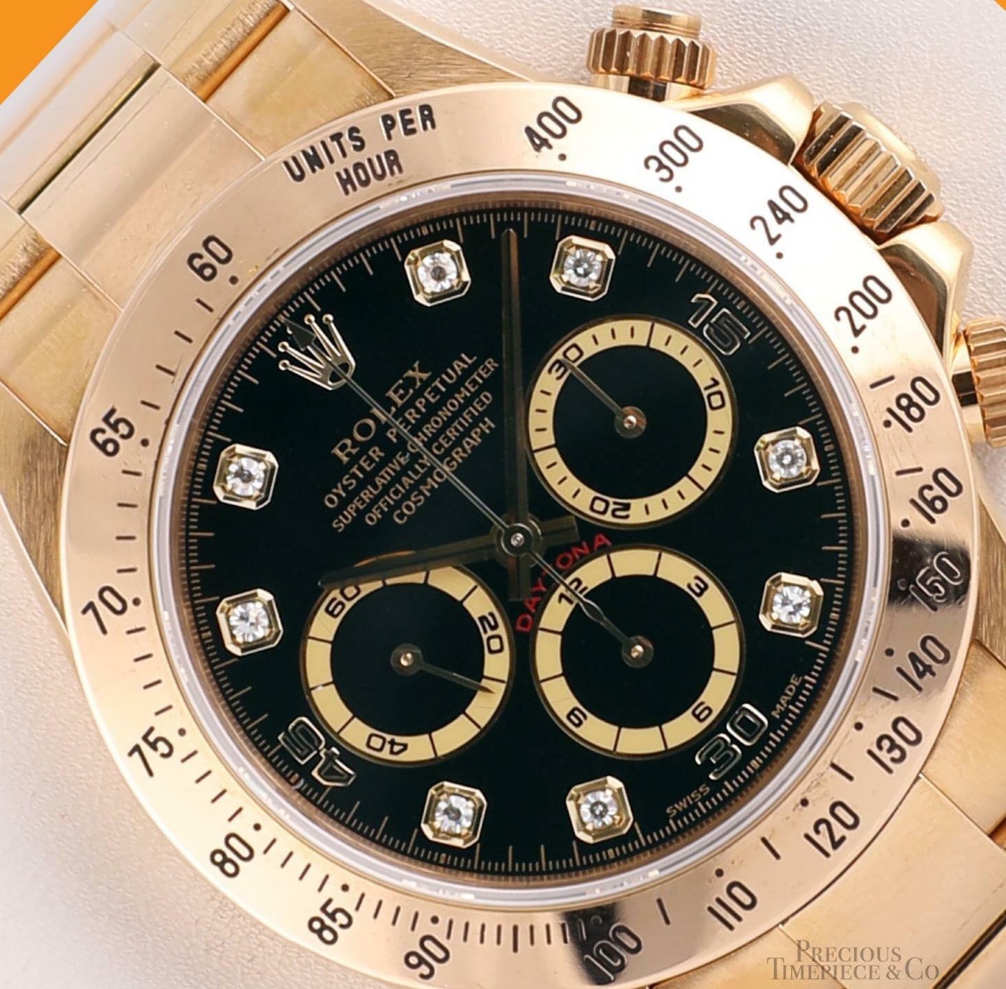 40 mm رولكس دايتونا ذهب أصفر بقرص أسود وأرقام ألماس