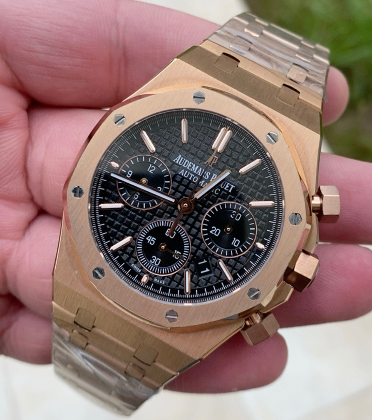 AP Chronograph- اي بي كلين روز جولد طبق الاصل تعقيدة الماكينة كرونو مطابقة للاصلية