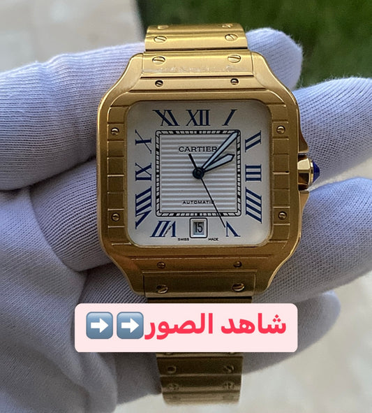 كارتير سانتوس ذهبي مينا ابيض اوتوماتيك ماكينة سويسري مستعمل بحالة الجديد اصدار ٢٠٢٣