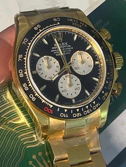 40 mm رولكس دايتونا ذهب أصفر بقرص أسود وسناتر بيضاء