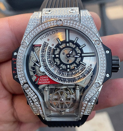 هوبلوت بيجبانج فلوتينج توربيون سلڤر دايموند ( زركونيا نقي و الساعة اعلى جودة بعد الاصلية ) - صور حقيقية بالموبايل بدون تعديل (السعر بالدينار الاردني 600 دينار)