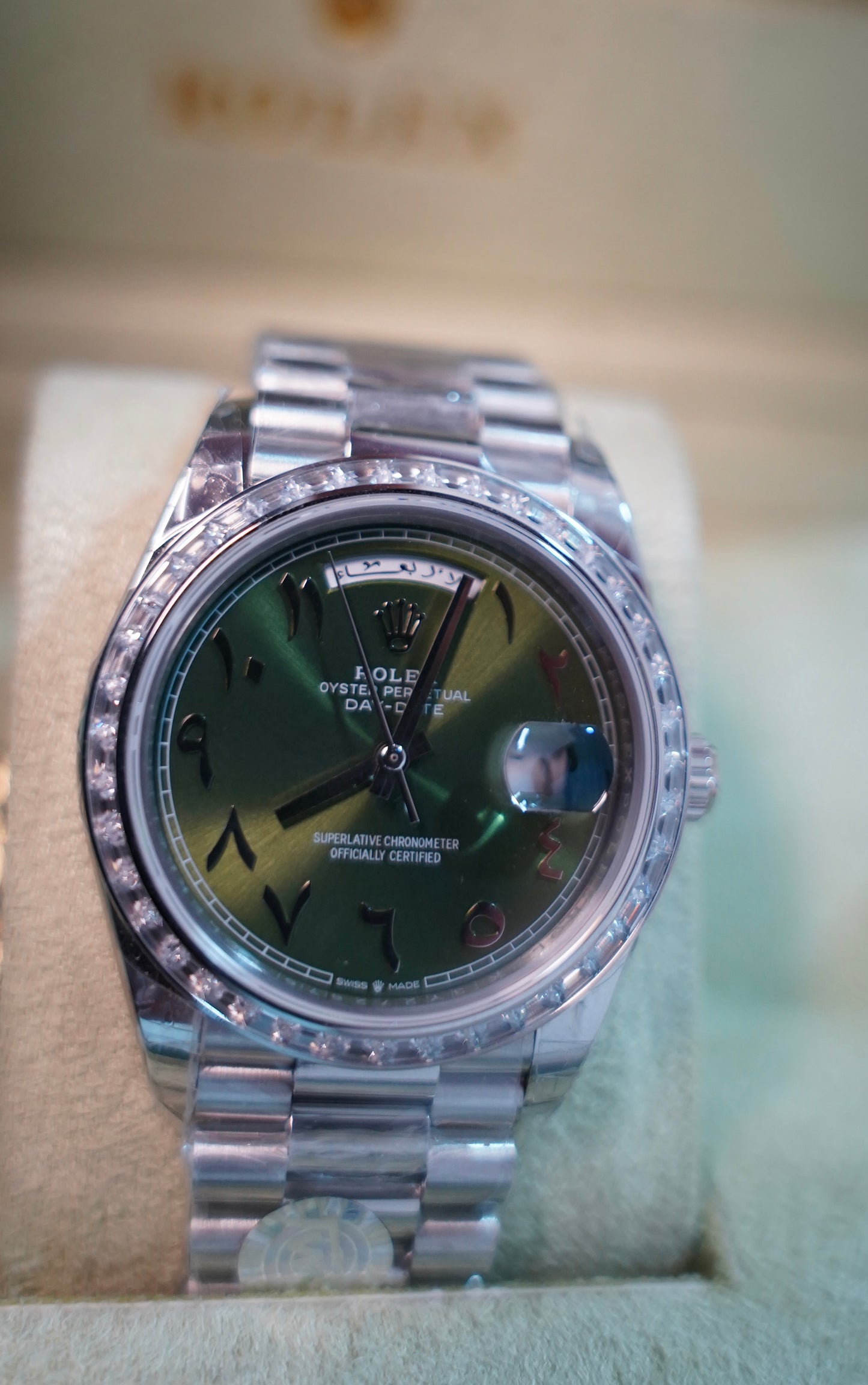40 mm رولكس داي ديت دايموند عربي مينا اخضر اومبريه زيتوني - كلين تايتل