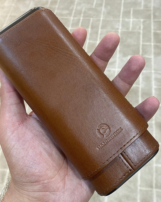حافظة السيجار جلد بني - الحجم الطويل + كاتر ( قطاعة ) هانكوك اصلي