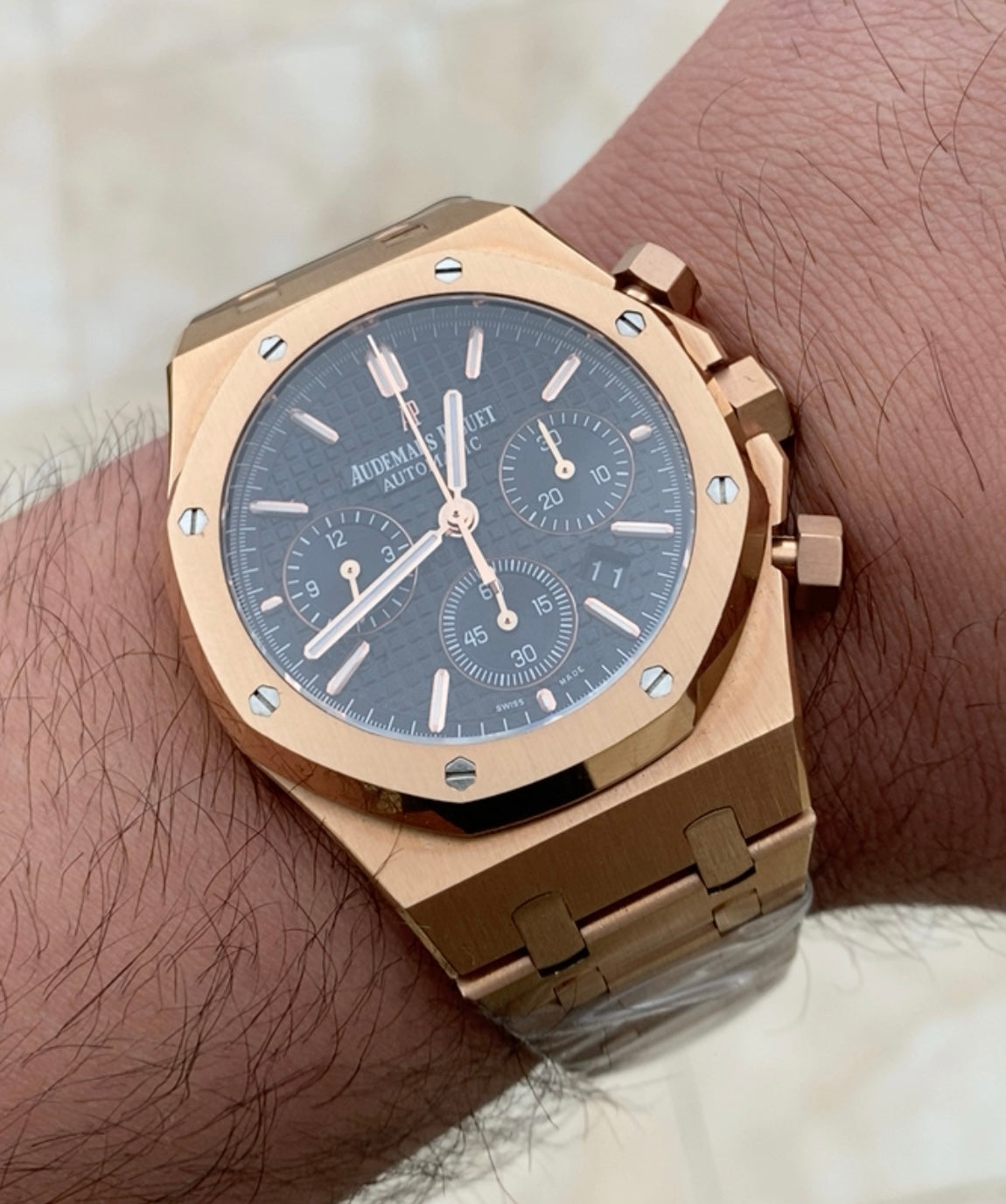 AP Chronograph- اي بي كلين روز جولد طبق الاصل تعقيدة الماكينة كرونو مطابقة للاصلية
