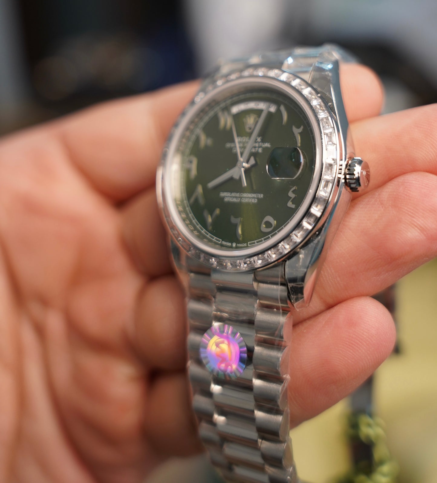 40 mm رولكس داي ديت دايموند عربي مينا اخضر اومبريه زيتوني - كلين تايتل