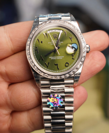 40 mm رولكس داي ديت دايموند عربي مينا اخضر اومبريه زيتوني - كلين تايتل