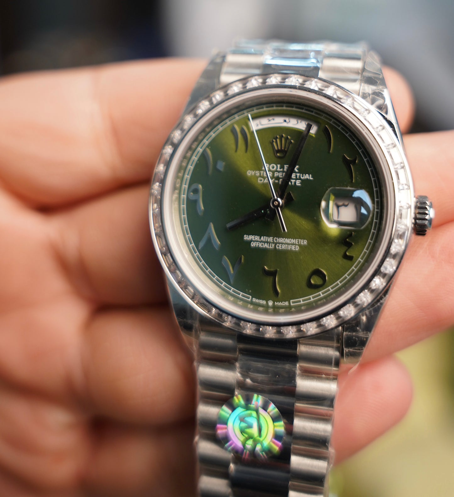 40 mm رولكس داي ديت دايموند عربي مينا اخضر اومبريه زيتوني - كلين تايتل