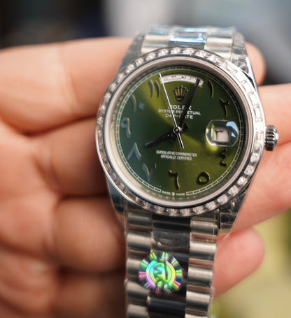 40 mm رولكس داي ديت دايموند عربي مينا اخضر اومبريه زيتوني - كلين تايتل