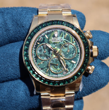 Rolex Daytona Yellow Gold Ruby - رولكس دايتونا ذهب اصفر ياقوت اخضر طبق الأصل ماكينة سويسري نادرة جداً