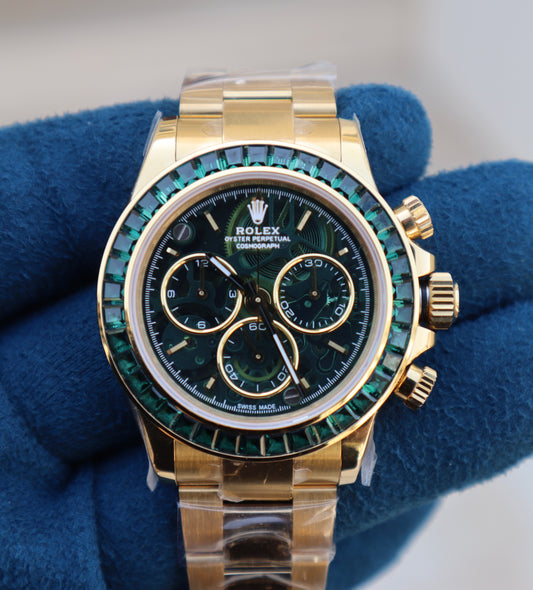 Rolex Daytona Yellow Gold Ruby - رولكس دايتونا ذهب اصفر ياقوت اخضر طبق الأصل ماكينة سويسري نادرة جداً