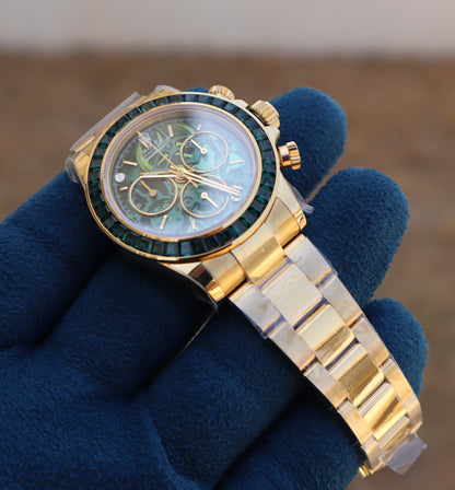 Rolex Daytona Yellow Gold Ruby - رولكس دايتونا ذهب اصفر ياقوت اخضر طبق الأصل ماكينة سويسري نادرة جداً