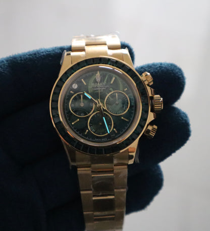 Rolex Daytona Yellow Gold Ruby - رولكس دايتونا ذهب اصفر ياقوت اخضر طبق الأصل ماكينة سويسري نادرة جداً